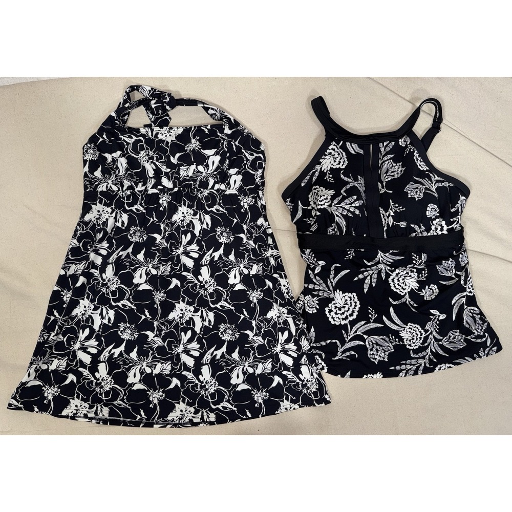 LANDS' END Sz 12 DD Tummy Control Swimsuit Tankini Top LOT of 2 Black White